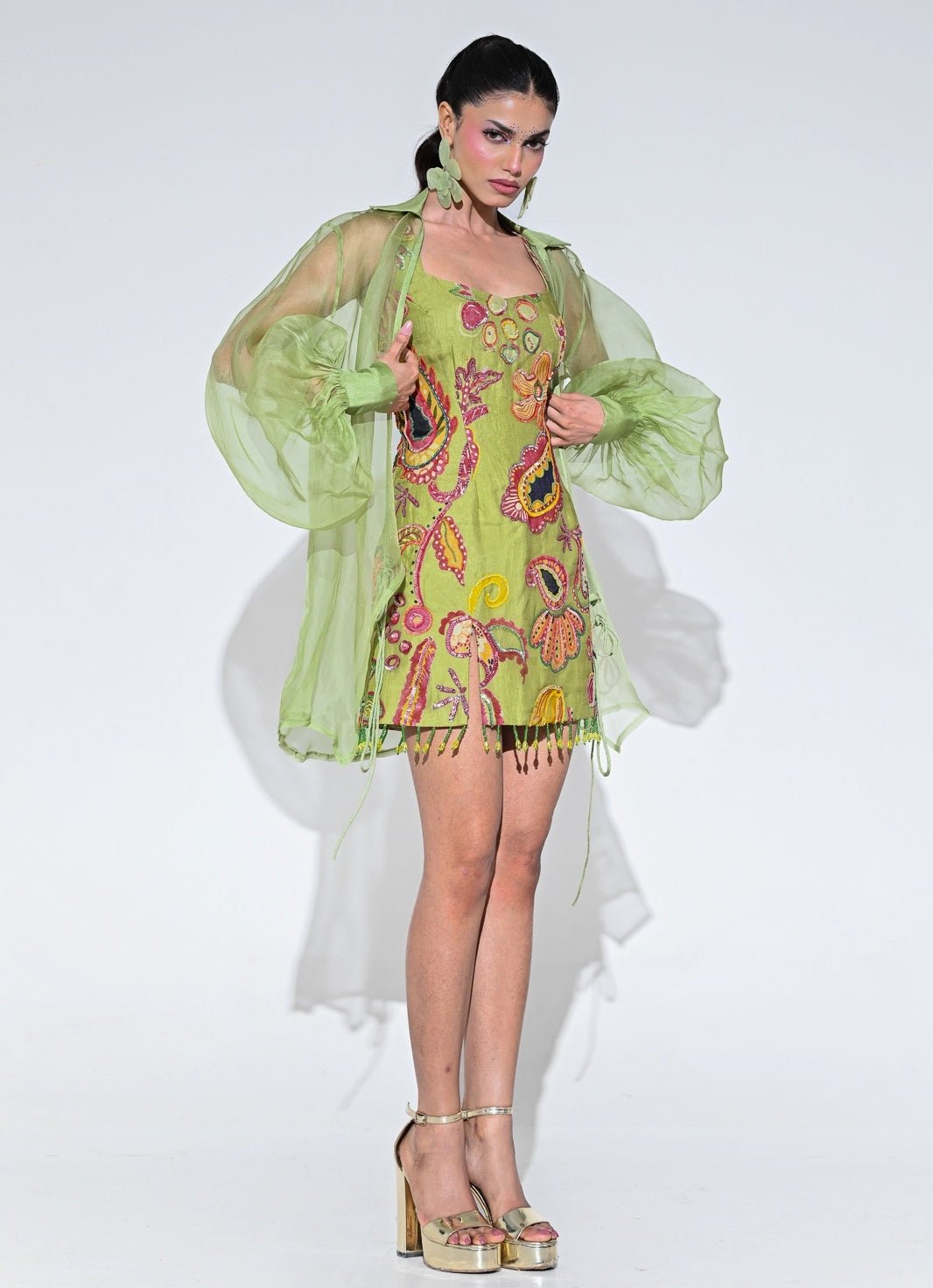 Olive Green Embroidered Organza Dress With Shrug Juhi Bengani - Fabilicious Fashion