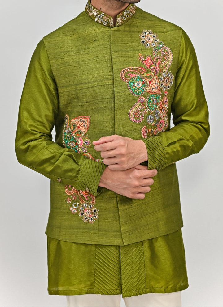 Olive Green Embroidered Silk Bundi and Kurta Set Juhi Bengani - Men - Fabilicious Fashion