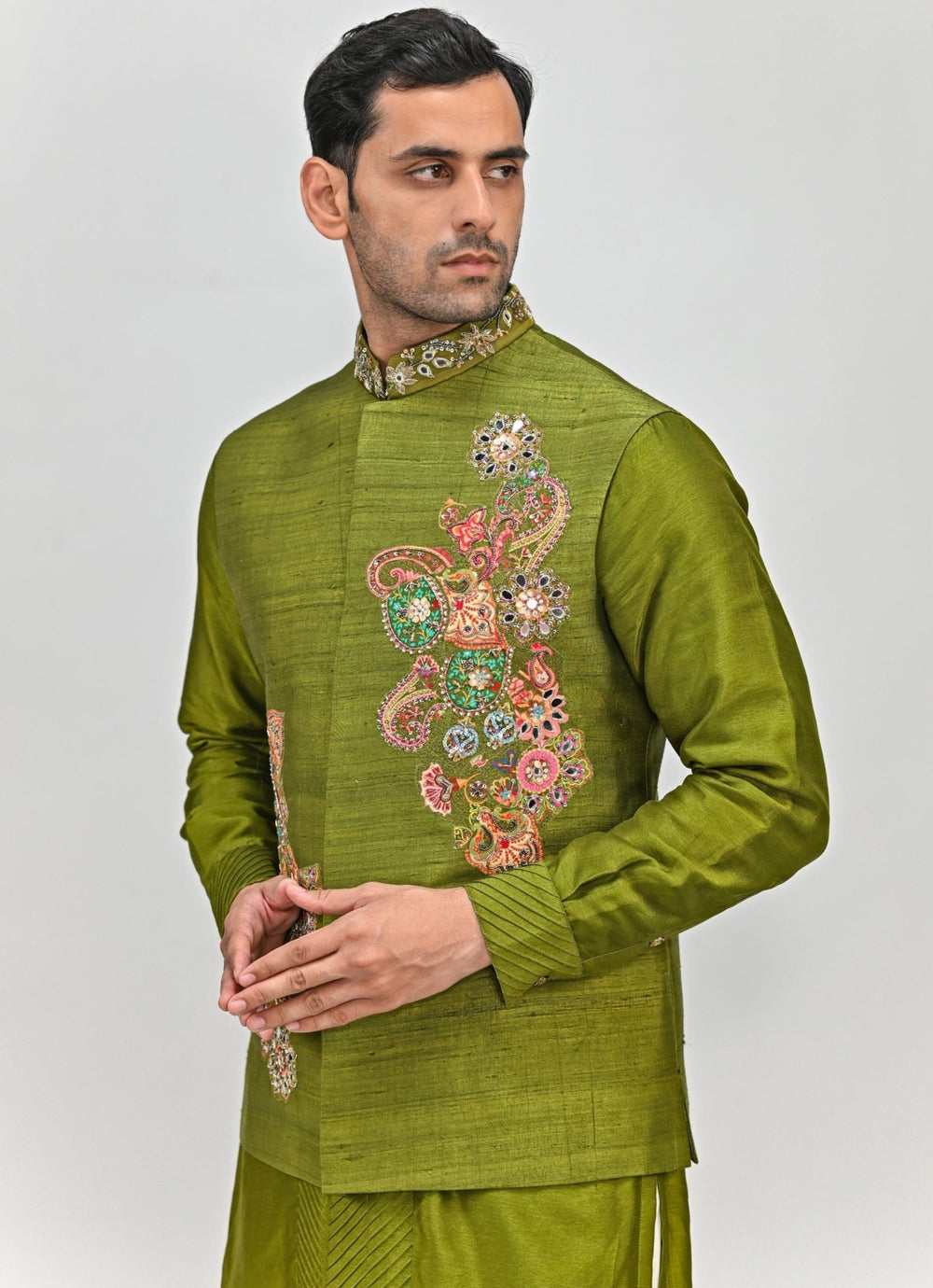 Olive Green Embroidered Silk Bundi and Kurta Set Juhi Bengani - Men - Fabilicious Fashion