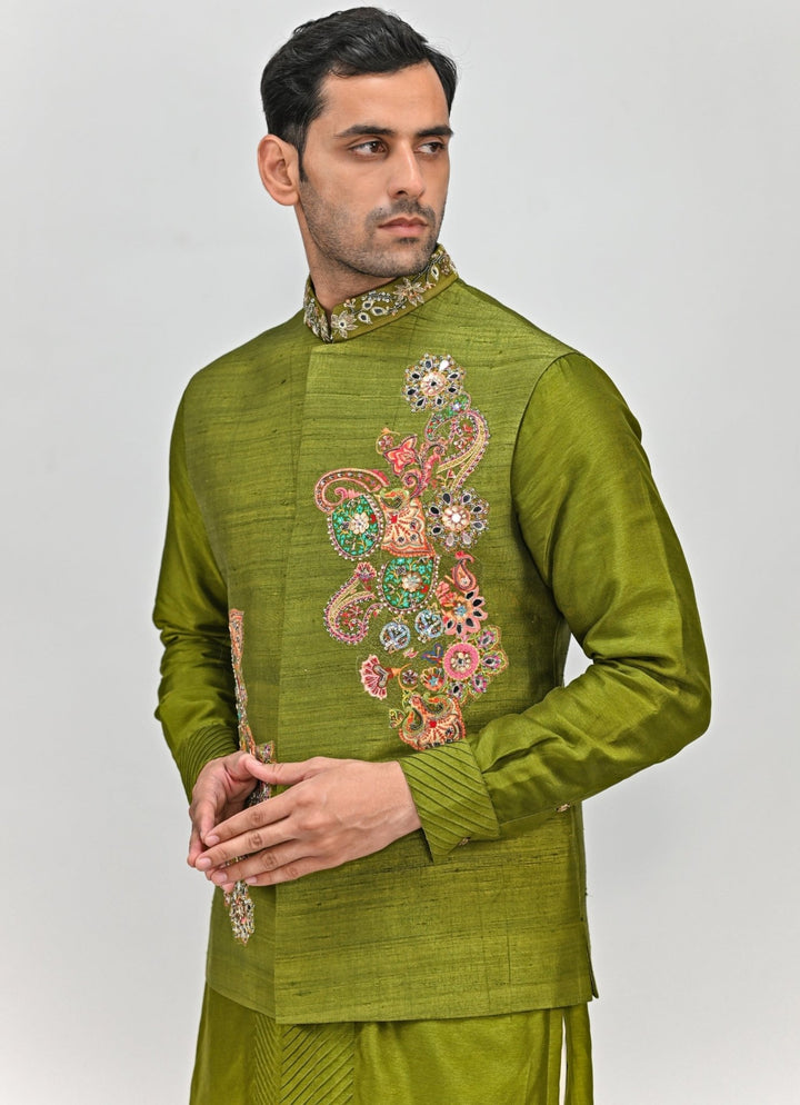 Olive Green Embroidered Silk Bundi and Kurta Set Juhi Bengani - Men - Fabilicious Fashion