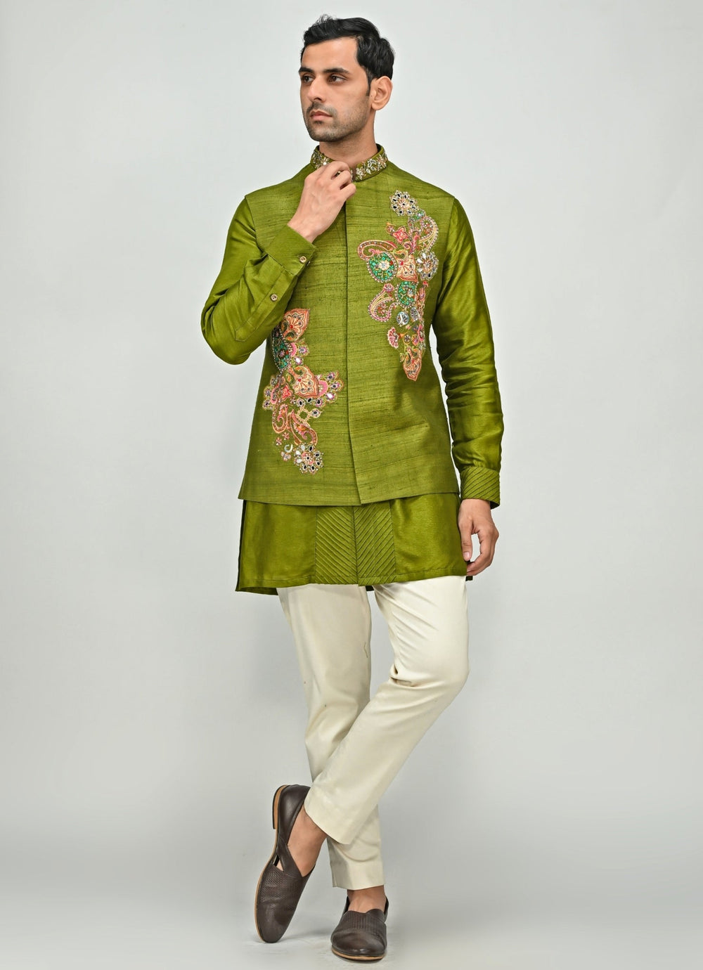 Olive Green Embroidered Silk Bundi Juhi Bengani - Men - Fabilicious Fashion