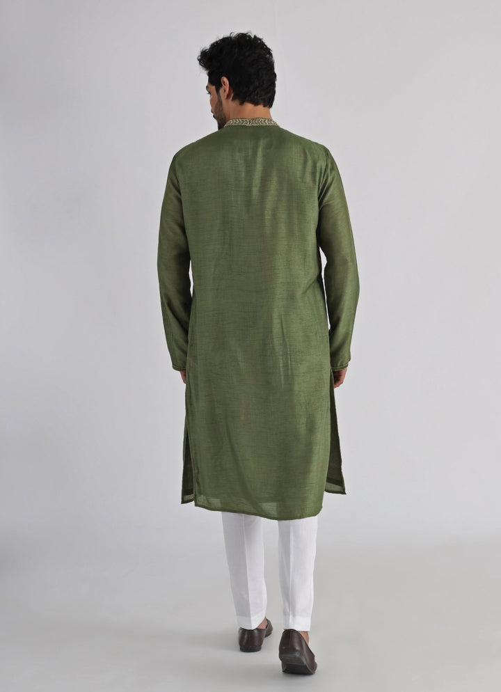 Olive Green Embroidered Silk Kurta Pant Set Smriti - Fabilicious Fashion