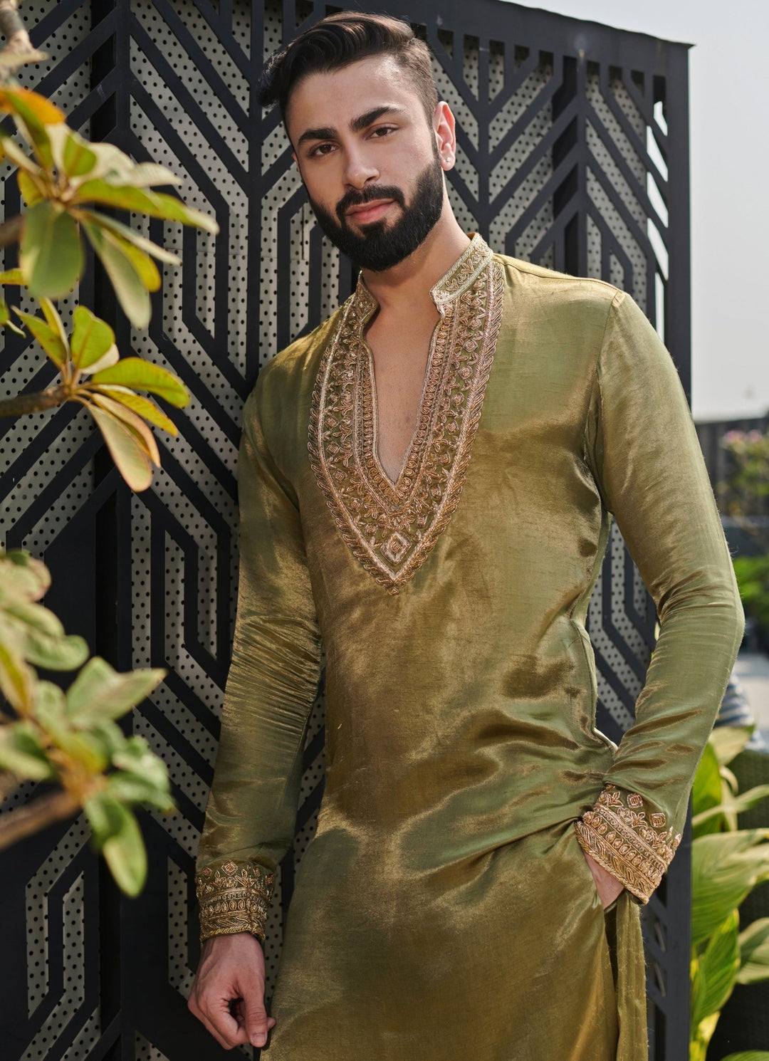 Olive Green Embroidered Silk Kurta Pant Set Jigar and Nikita - Fabilicious Fashion