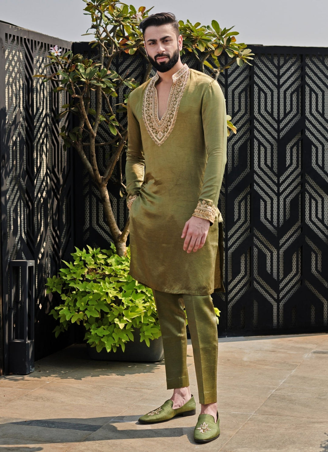 Olive Green Embroidered Silk Kurta Pant Set Jigar and Nikita - Fabilicious Fashion