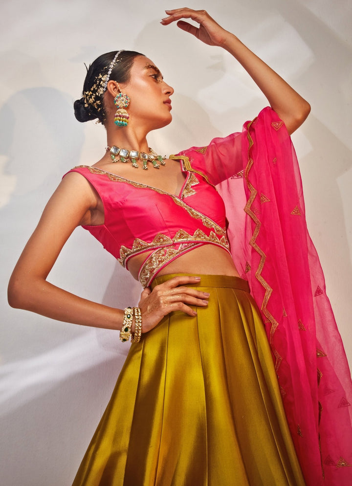 Olive Green Embroidered Silk Lehenga Set Akara - Fabilicious Fashion