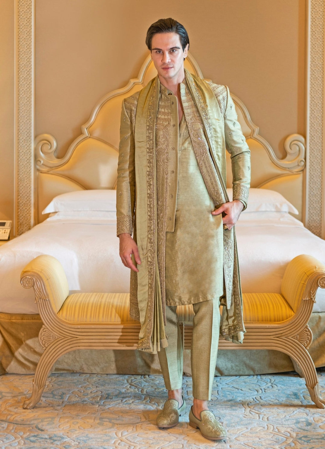 Olive Green Embroidered Silk Sherwani Set With Dupatta Jigar and Nikita - Fabilicious Fashion