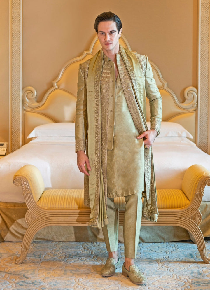 Olive Green Embroidered Silk Sherwani Set With Dupatta Jigar and Nikita - Fabilicious Fashion