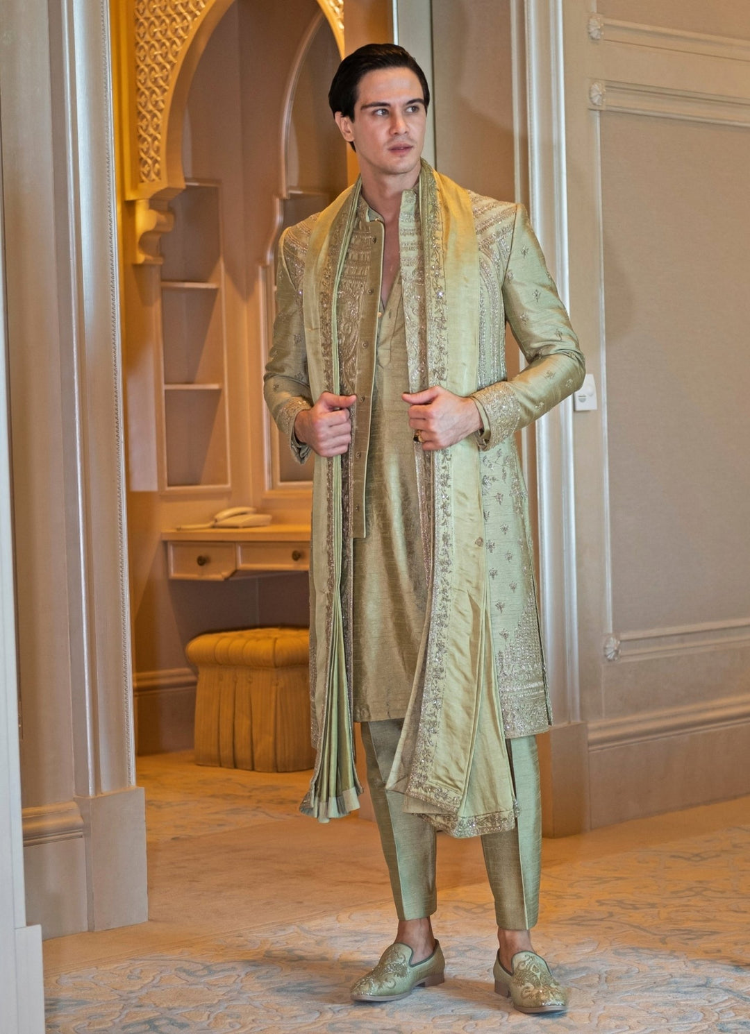 Olive Green Embroidered Silk Sherwani Set With Dupatta Jigar and Nikita - Fabilicious Fashion