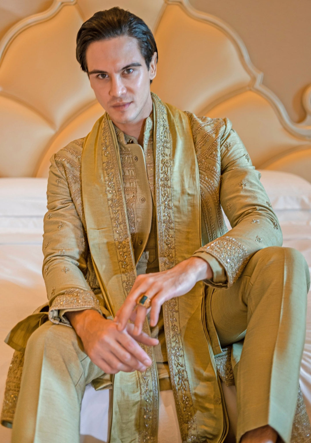 Olive Green Embroidered Silk Sherwani Set With Dupatta Jigar and Nikita - Fabilicious Fashion