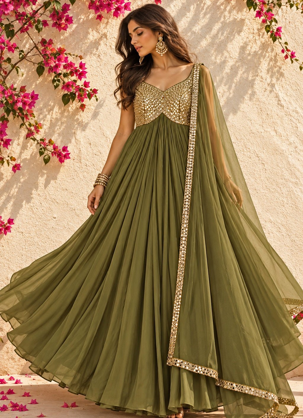 Anisha Shetty Olive Green Mirrorwork Georgette Anarkali SetFabilicious Fashion