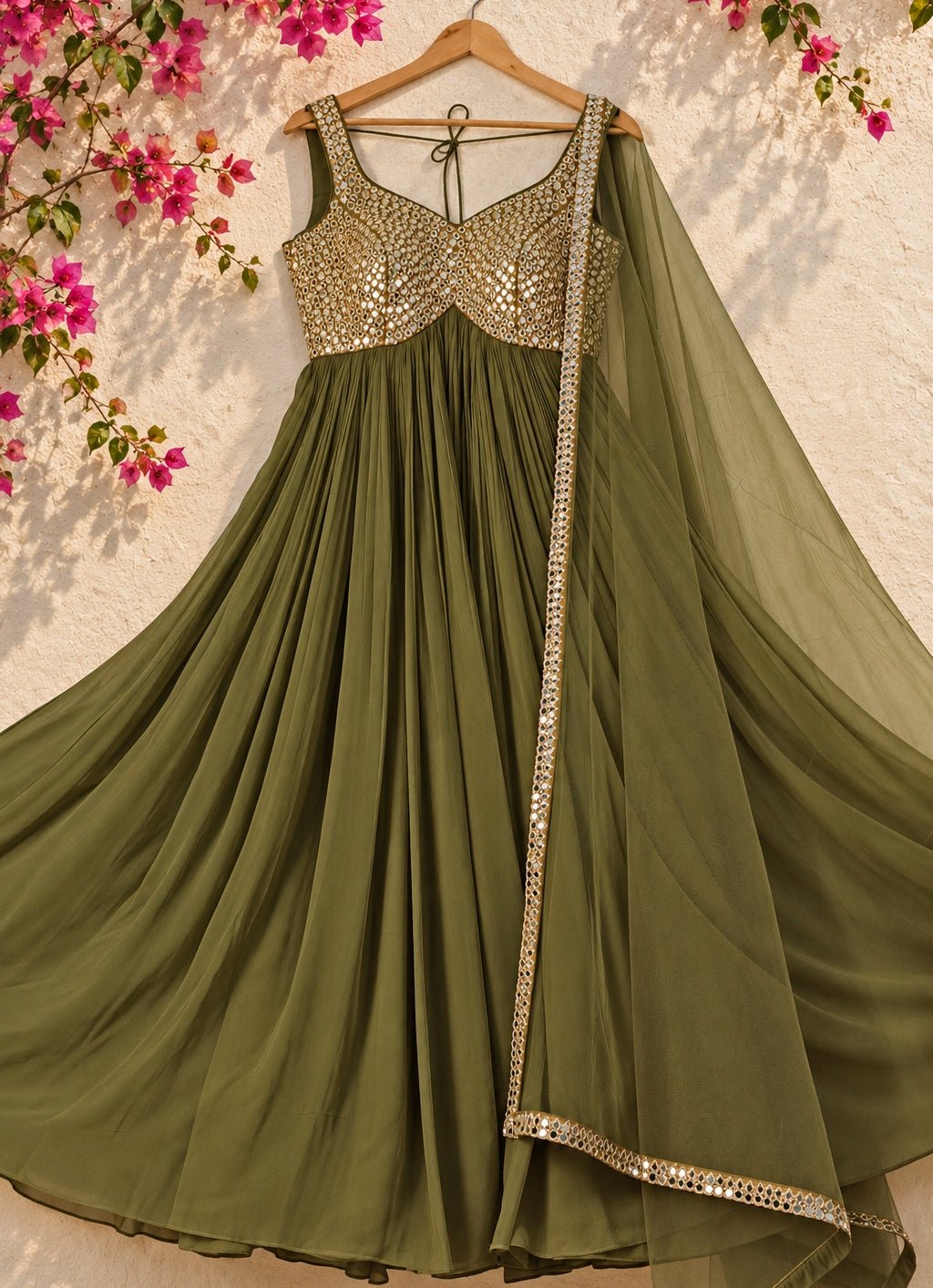 Anisha Shetty Olive Green Mirrorwork Georgette Anarkali SetFabilicious Fashion