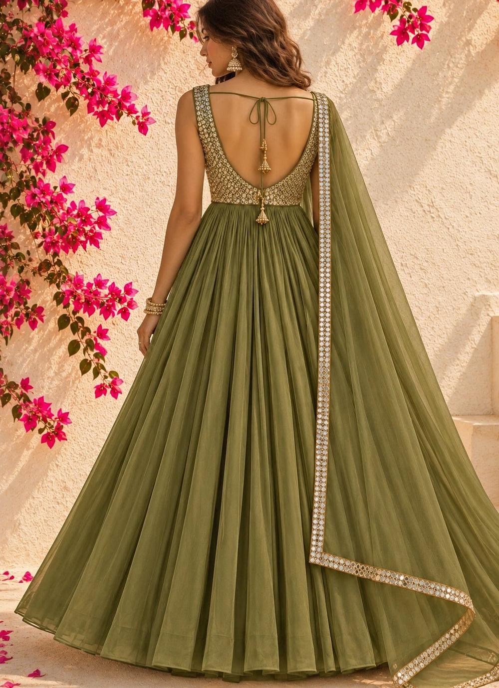 Anisha Shetty Olive Green Mirrorwork Georgette Anarkali SetFabilicious Fashion