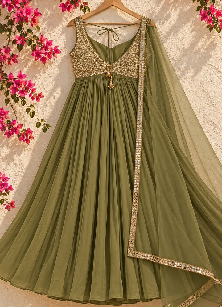 Anisha Shetty Olive Green Mirrorwork Georgette Anarkali SetFabilicious Fashion