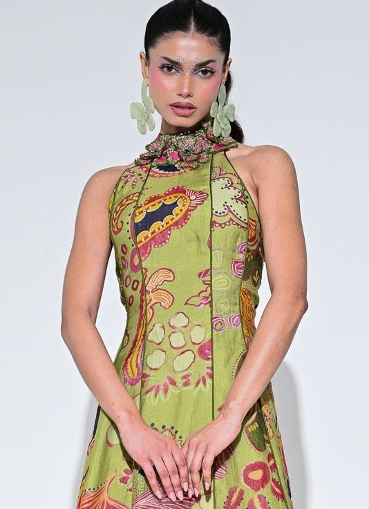 Olive Green Organza Halter Midi Dress Juhi Bengani - Fabilicious Fashion