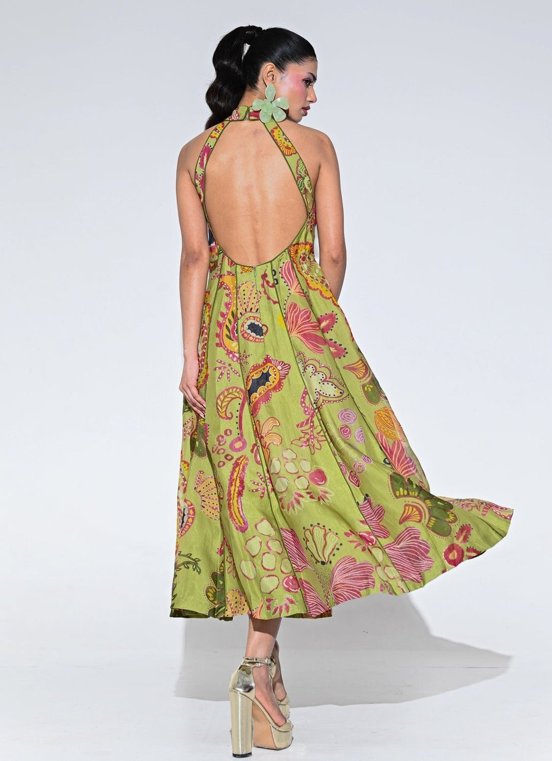 Olive Green Organza Halter Midi Dress Juhi Bengani - Fabilicious Fashion