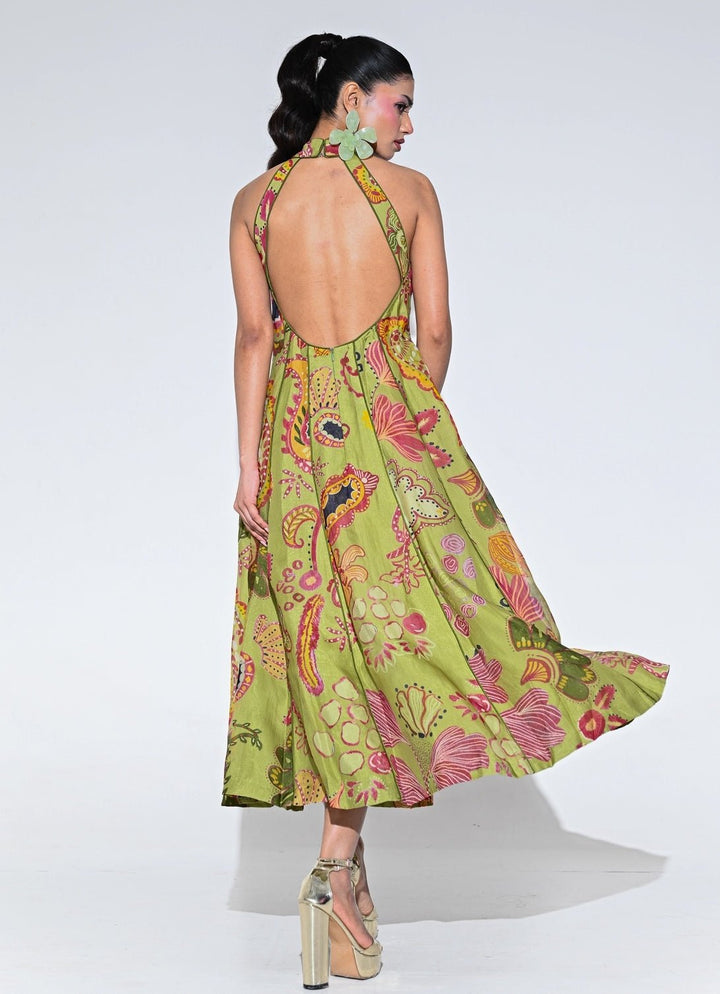 Olive Green Organza Halter Midi Dress Juhi Bengani - Fabilicious Fashion
