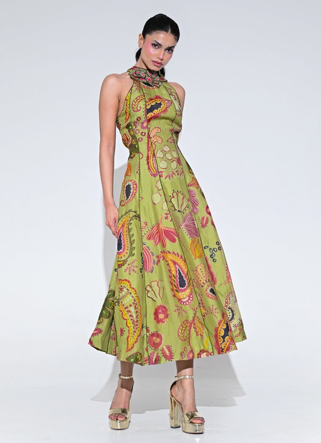 Olive green organza halter midi indowestern dress by Juhi Bengani