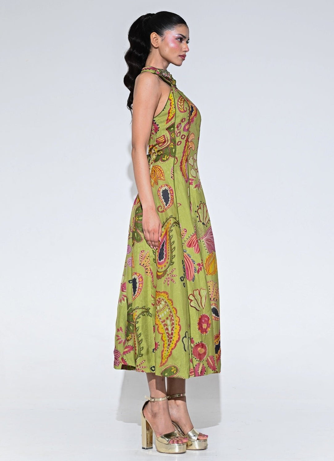 Olive Green Organza Halter Midi Dress Juhi Bengani - Fabilicious Fashion