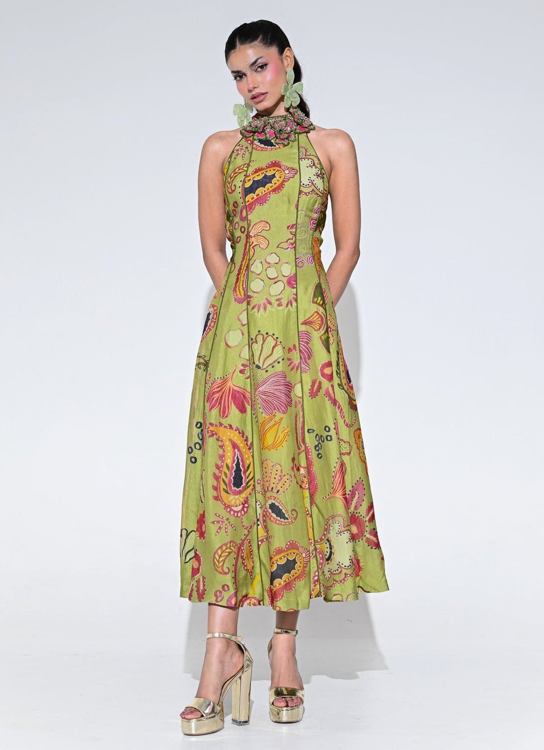 Olive Green Organza Halter Midi Dress Juhi Bengani - Fabilicious Fashion