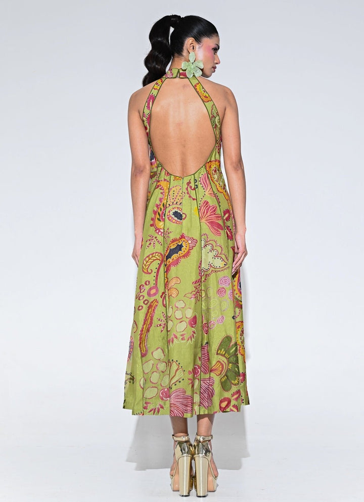Olive Green Organza Halter Midi Dress Juhi Bengani - Fabilicious Fashion