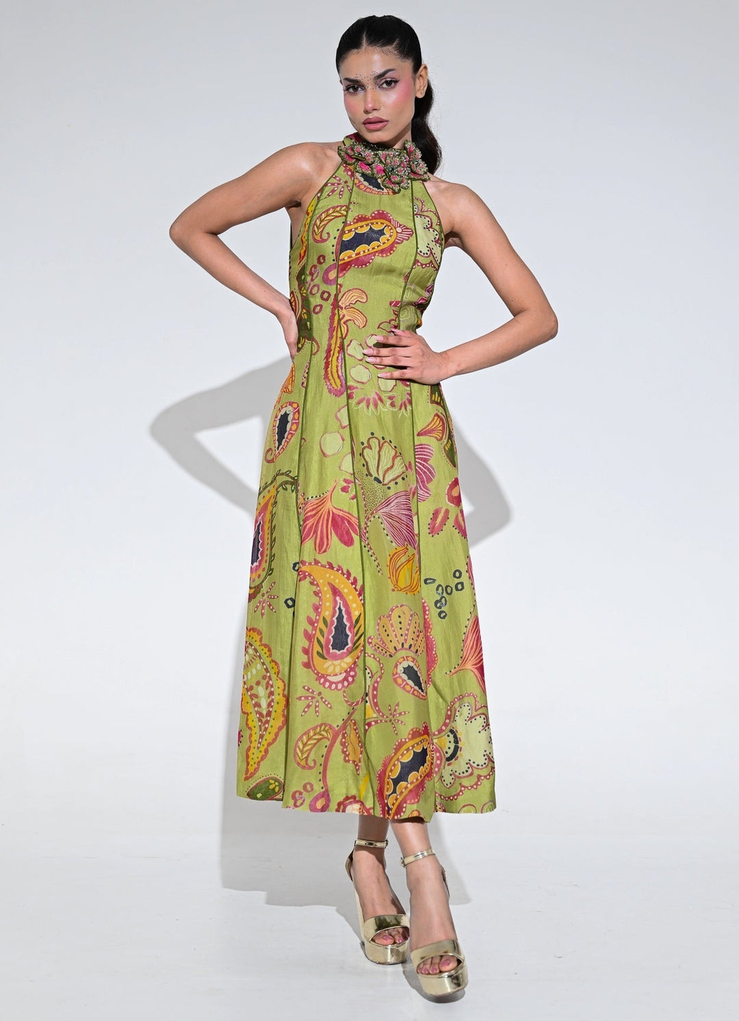 Olive Green Organza Halter Midi Dress Juhi Bengani - Fabilicious Fashion