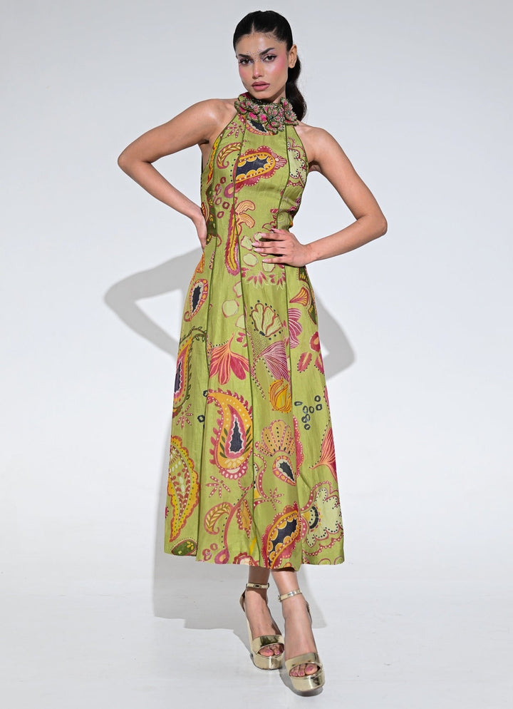 Olive Green Organza Halter Midi Dress Juhi Bengani - Fabilicious Fashion