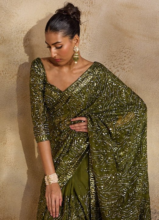 Olive Green Organza Saree Nitika Gujral - Fabilicious Fashion