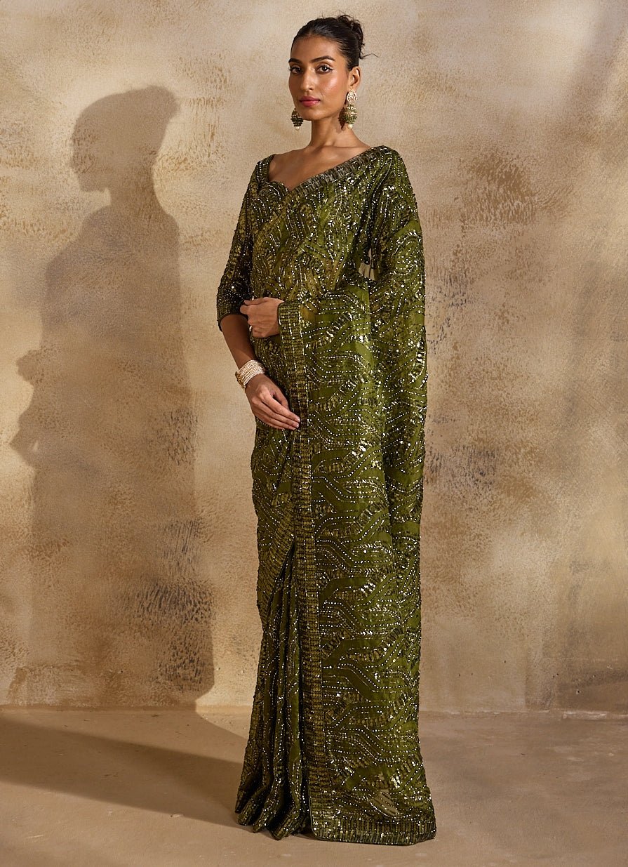 Olive Green Organza Saree Nitika Gujral - Fabilicious Fashion