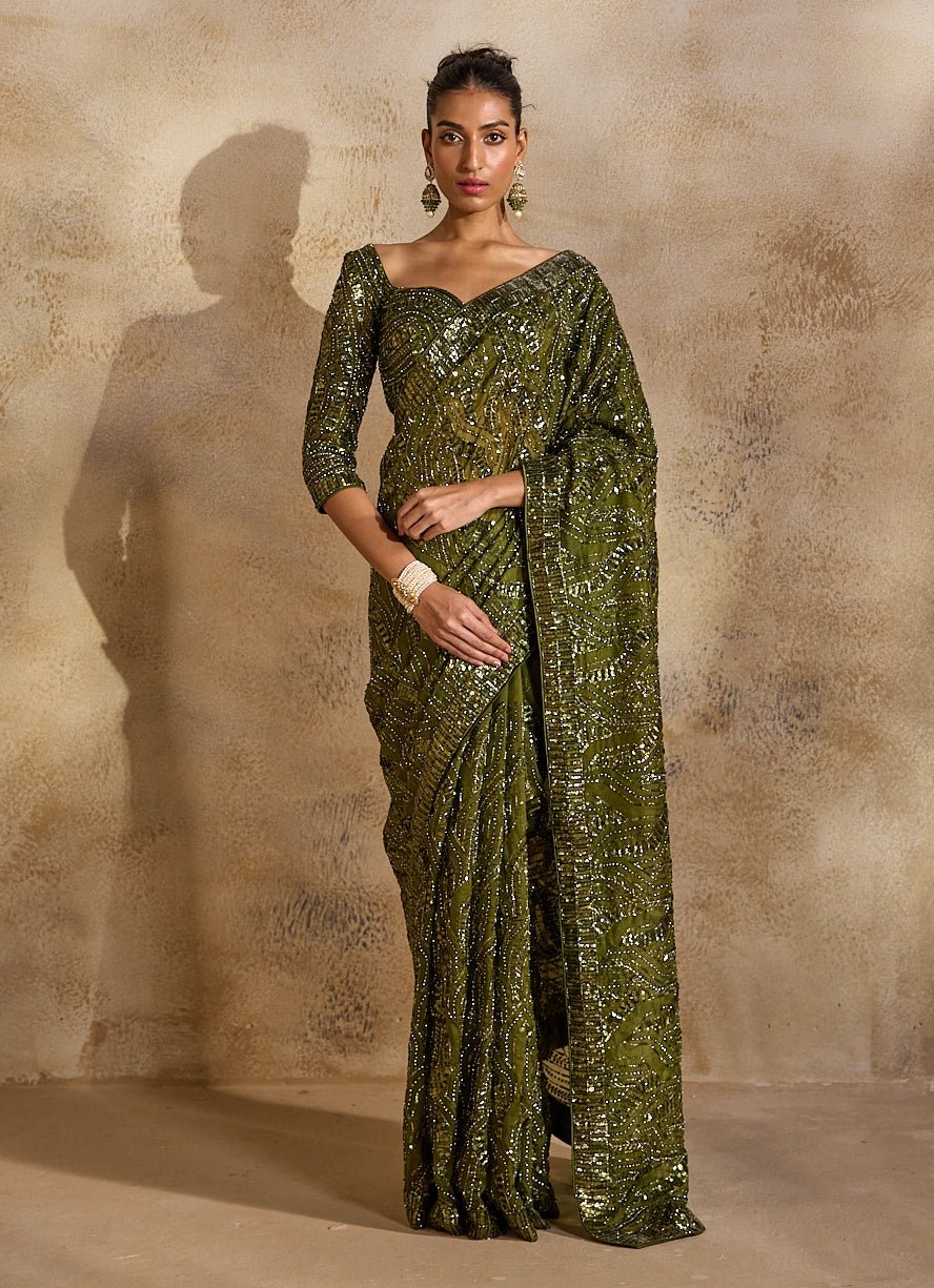 Olive green organza saree — understated glam mother of the bride saree