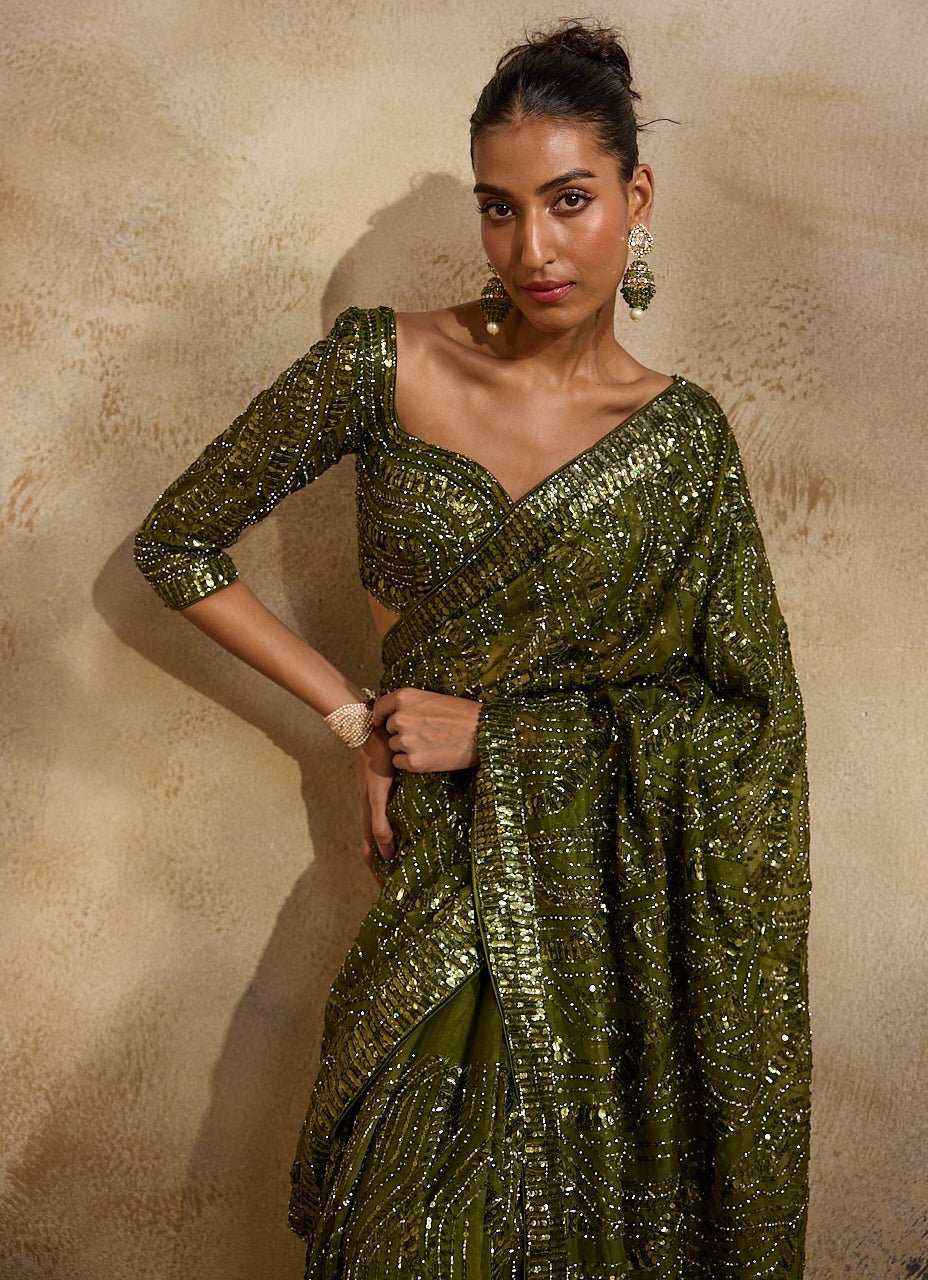 Olive Green Organza Saree Nitika Gujral - Fabilicious Fashion
