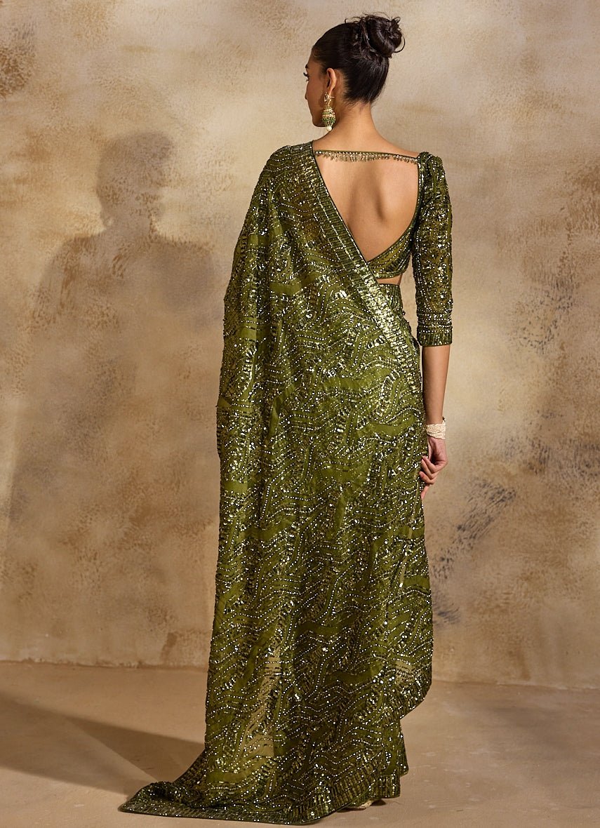 Olive Green Organza Saree Nitika Gujral - Fabilicious Fashion