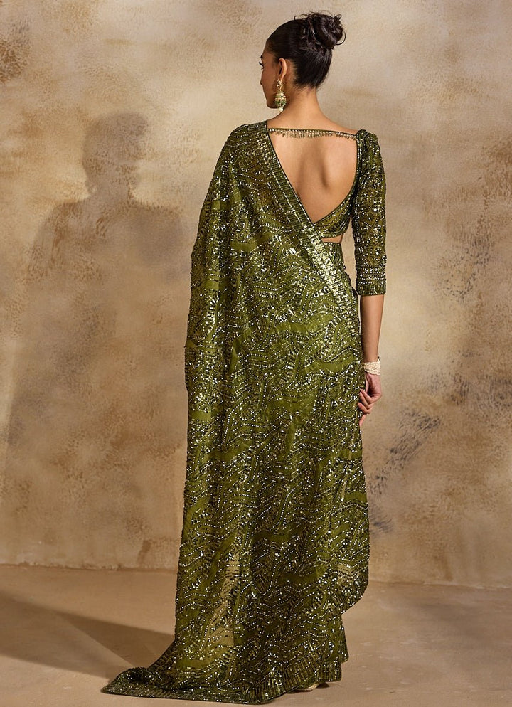 Olive Green Organza Saree Nitika Gujral - Fabilicious Fashion