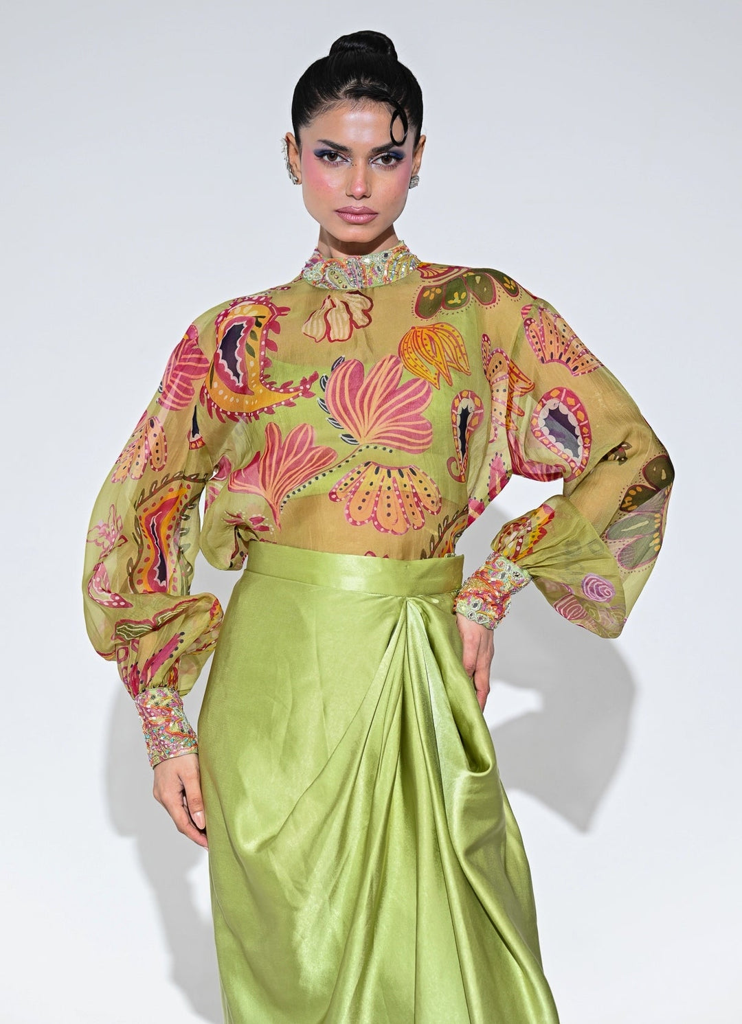 Juhi Bengani Olive Green Organza Shirt With Drape SkirtFabilicious Fashion