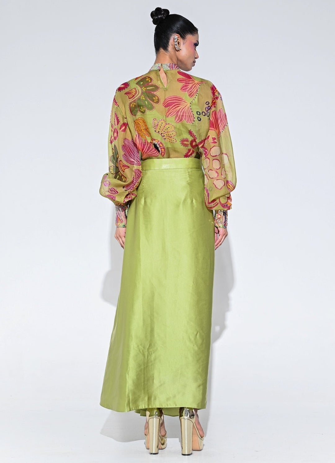 Juhi Bengani Olive Green Organza Shirt With Drape SkirtFabilicious Fashion