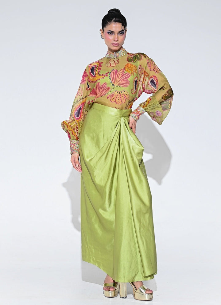 Juhi Bengani Olive Green Organza Shirt With Drape SkirtFabilicious Fashion