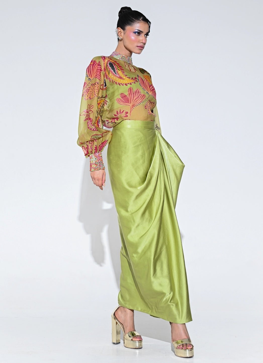 Juhi Bengani Olive Green Organza Shirt With Drape SkirtFabilicious Fashion