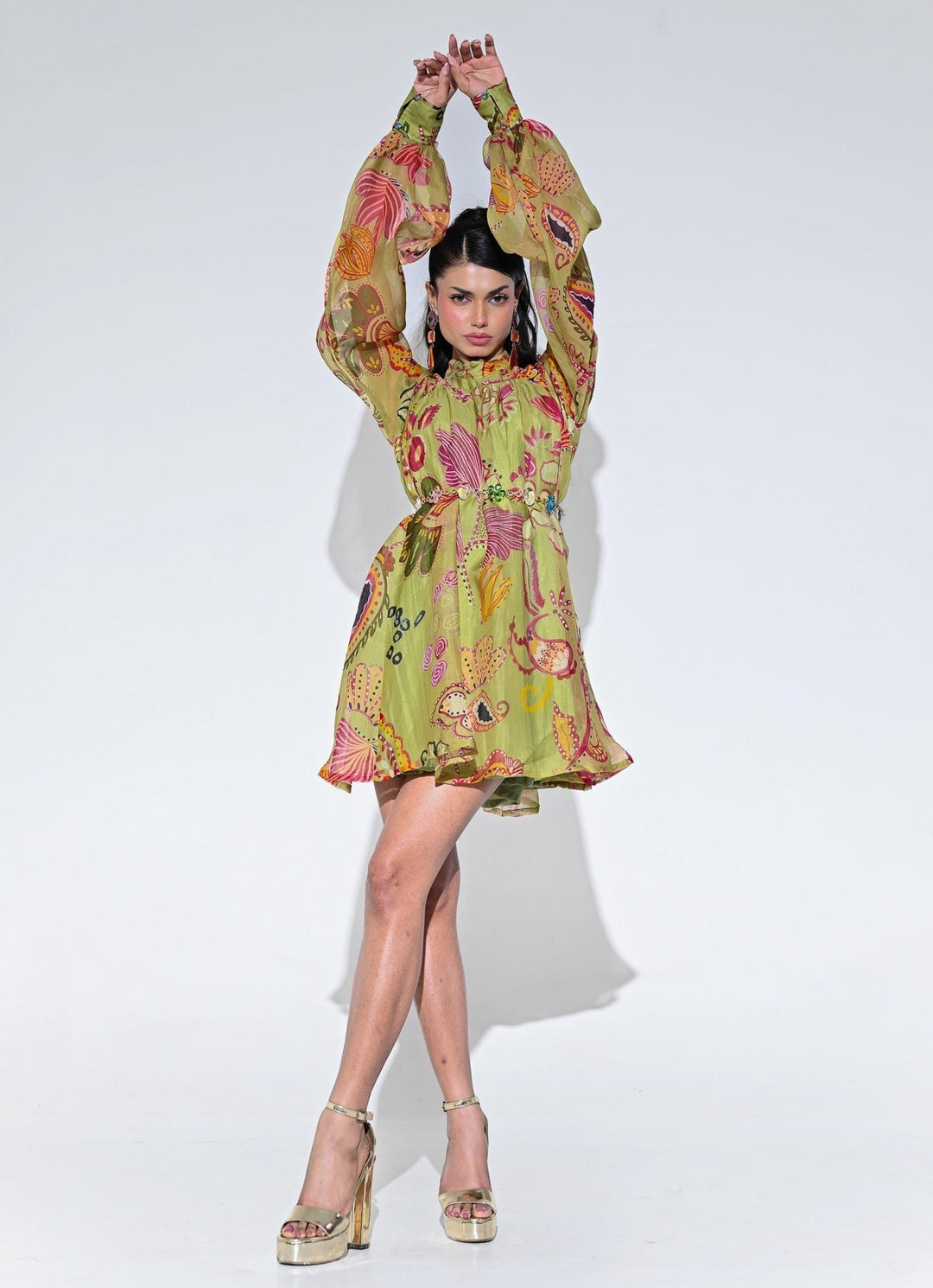 Olive Green Organza Short Dress With Belt Juhi Bengani - Fabilicious Fashion