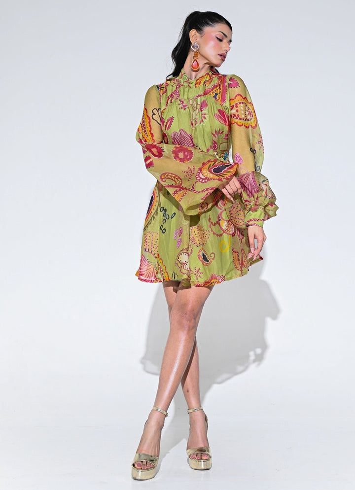 Olive Green Organza Short Dress With Belt Juhi Bengani - Fabilicious Fashion