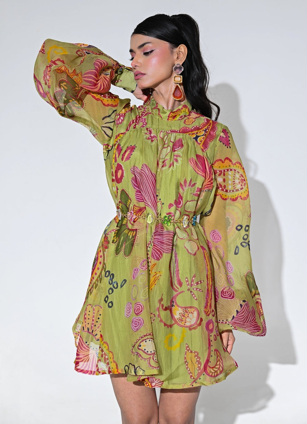 Olive Green Organza Short Dress With Belt Juhi Bengani - Fabilicious Fashion