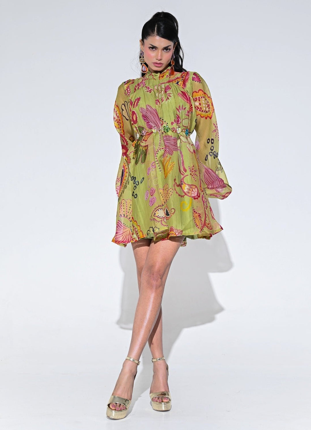 Olive Green Organza Short Dress With Belt - Juhi Bengani- Fabilicious Fashion L Olive Green Organza Short Dress With Belt - Juhi Bengani- Fabilicious Fashion L