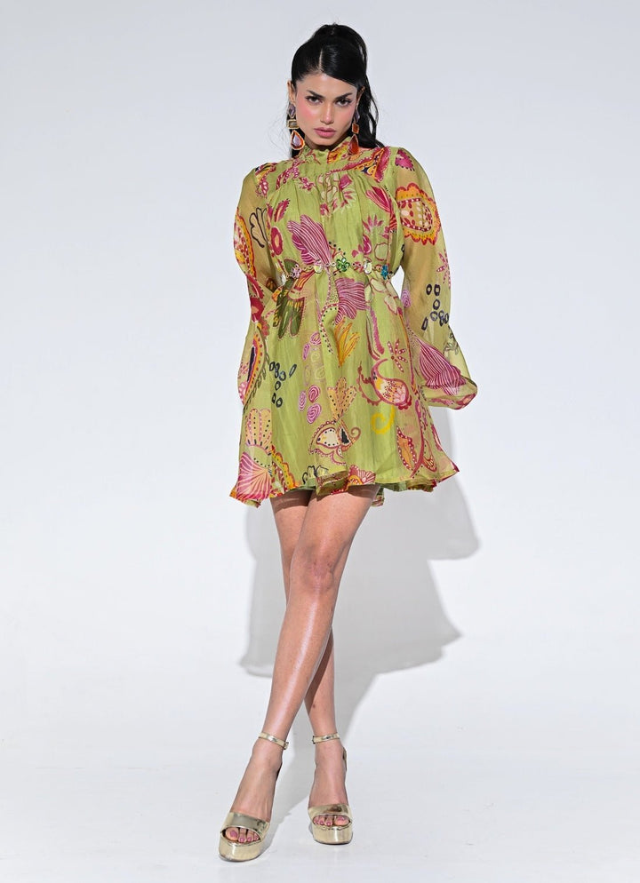 Olive Green Organza Short Dress With Belt Juhi Bengani - Fabilicious Fashion