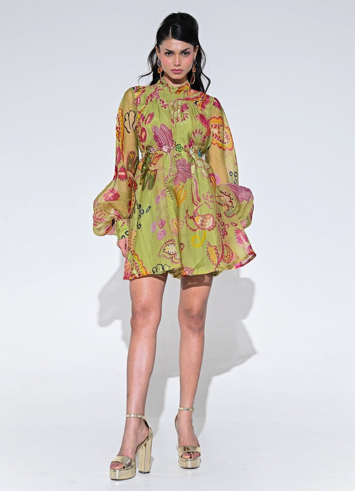 Olive Green Organza Short Dress With Belt Juhi Bengani - Fabilicious Fashion