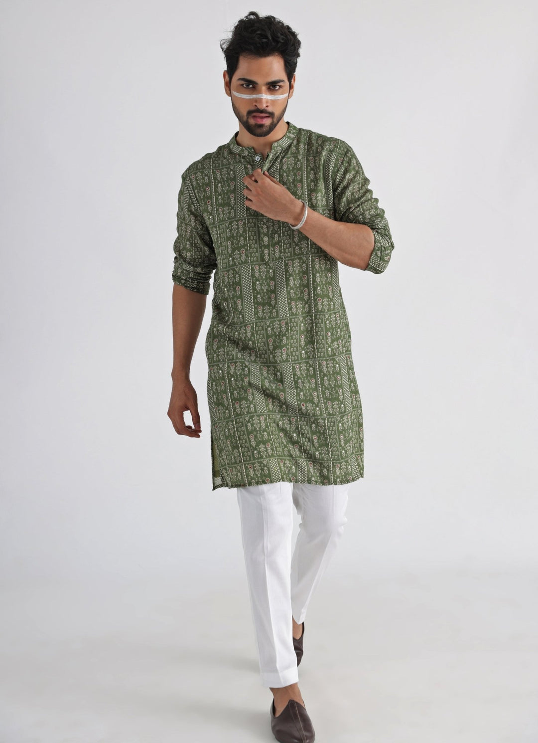 Olive Green Printed Chanderi Kurta Pant Set Smriti - Fabilicious Fashion
