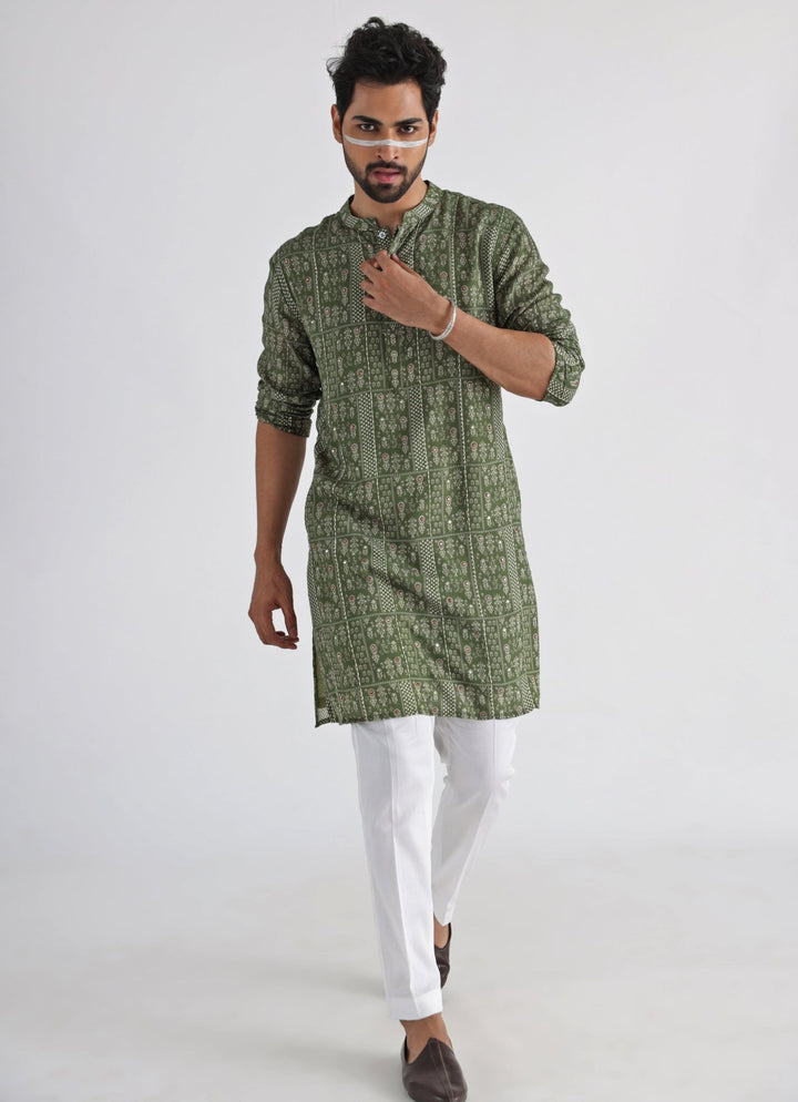 Olive Green Printed Chanderi Kurta Pant Set Smriti - Fabilicious Fashion