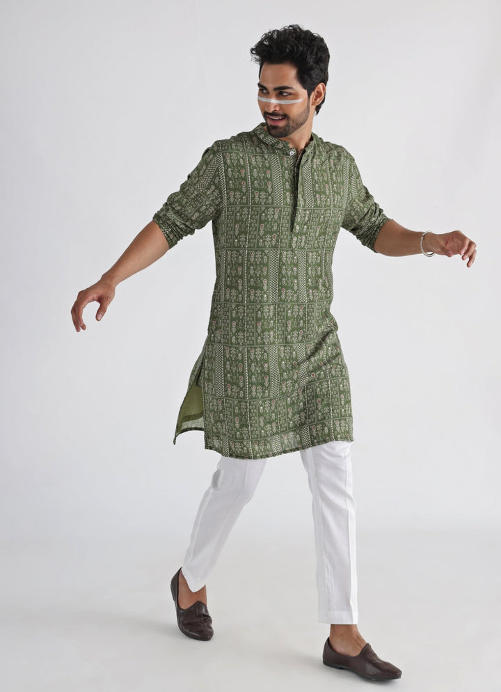 Olive Green Printed Chanderi Kurta Pant Set Smriti - Fabilicious Fashion