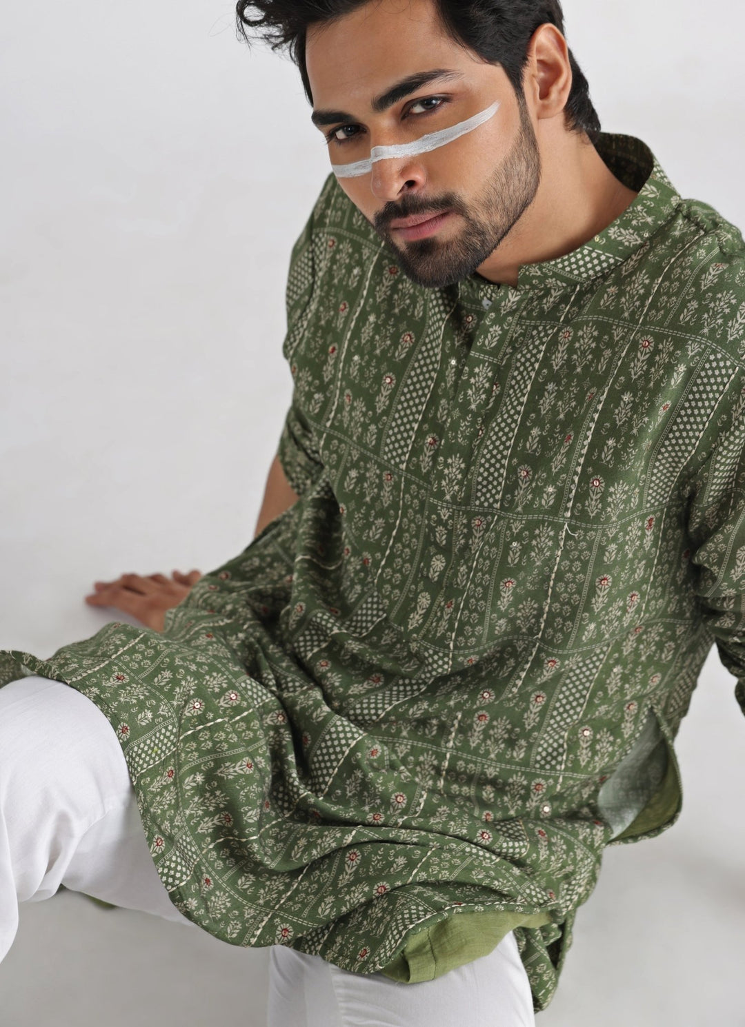 Olive Green Printed Chanderi Kurta Pant Set Smriti - Fabilicious Fashion