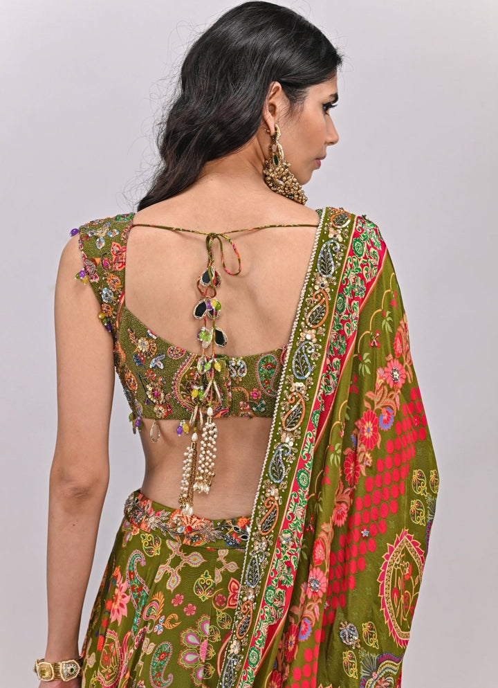 Olive Green Printed Crepe Embroidered Lehenga Set Juhi Bengani - Fabilicious Fashion