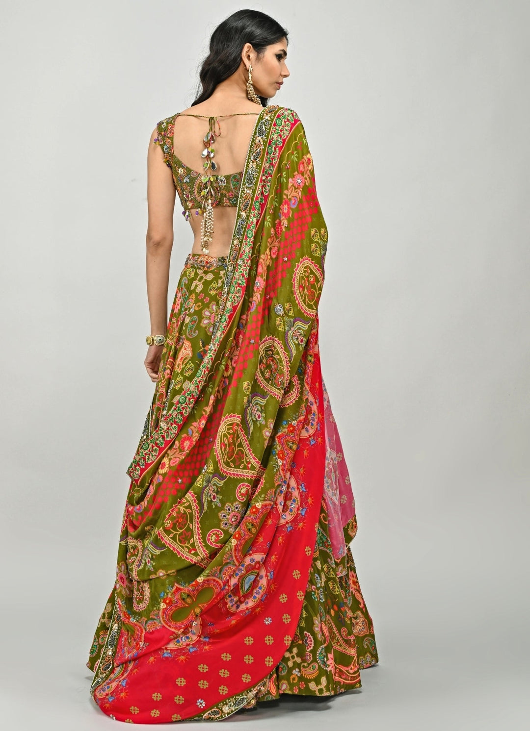 Olive Green Printed Crepe Embroidered Lehenga Set Juhi Bengani - Fabilicious Fashion