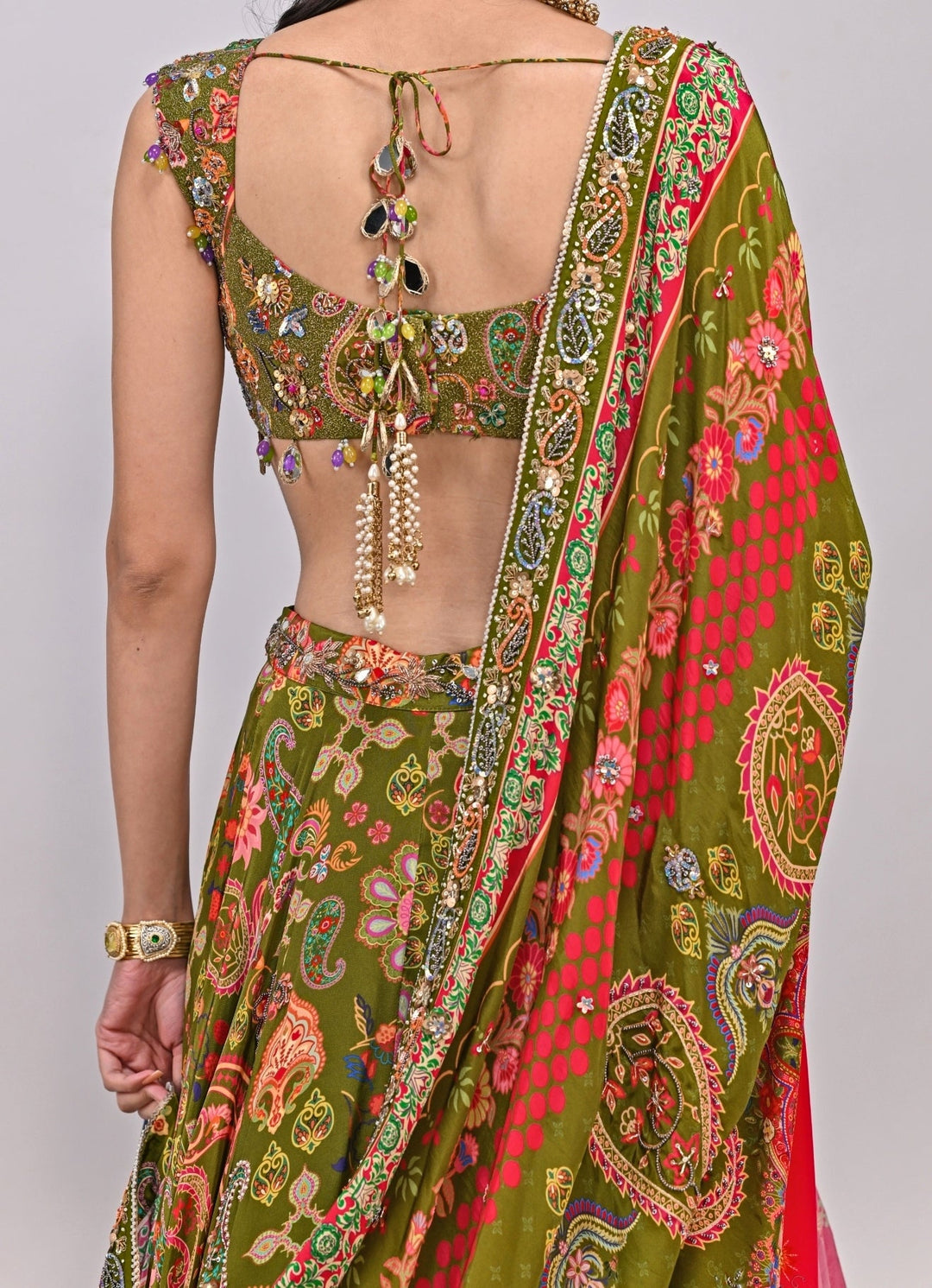 Olive Green Printed Crepe Embroidered Lehenga Set Juhi Bengani - Fabilicious Fashion