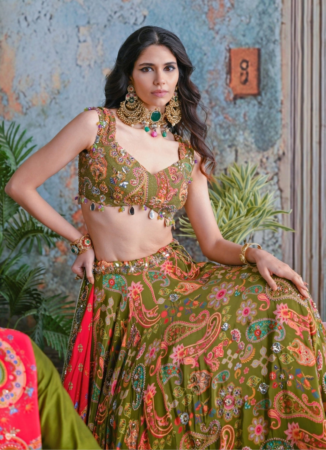 Olive Green Printed Crepe Embroidered Lehenga Set Juhi Bengani - Fabilicious Fashion